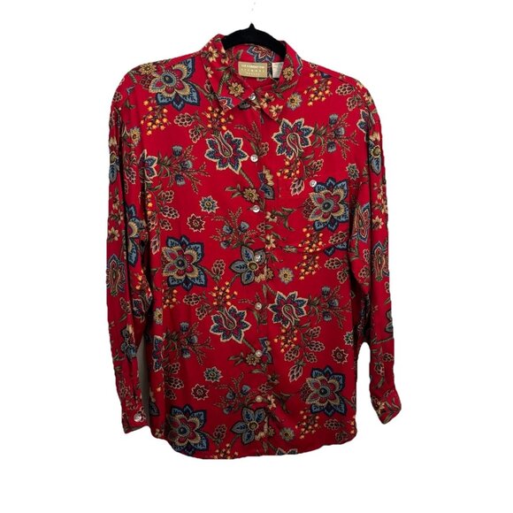 Vintage Liz Wear Button Down Collared Red Floral Western Shirt Size Petite Small - Picture 1 of 10